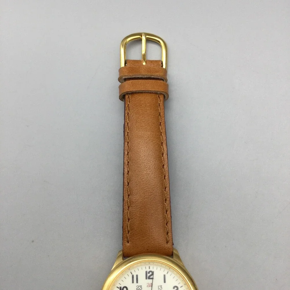 Merona Womens Watch 27mm Cream Dial Gold Tone Brown Leather Band